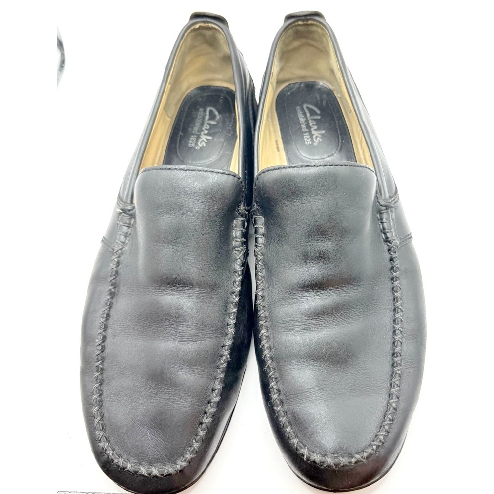 VTG Clarks Leather Loafers Mens 10.5 Black Moc Toe Mocs Comfort Dress Shoes - Picture 3 of 8